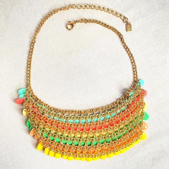 Signed Bib Necklace Fruity Pebbles Teardrop Acrylic Beads On Gold Tone Chain - Picture 4 of 12